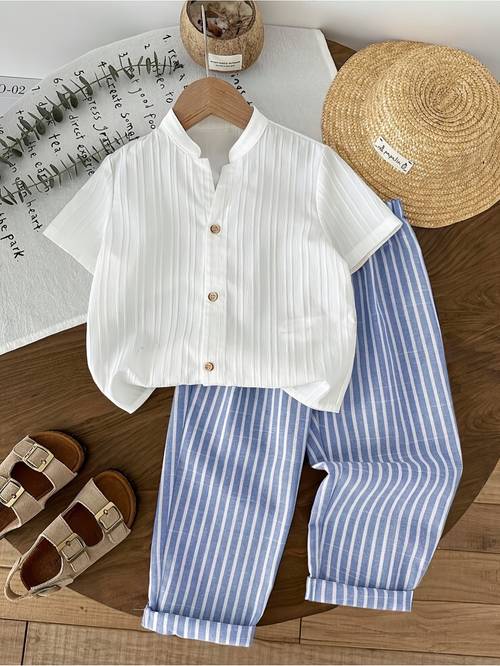 2pcs boys solid color woven casual shirt and striped pants set a top and casual outfit suitable for boys an for sets and formal occasions for boys this 2pcs set is boys to wear outdoor