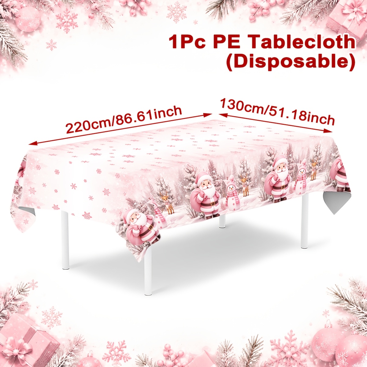 TEMU 1pc, Pink Christmas Disposable Pe Tablecloth, 220 X 130cm, Christmas Santa Claus Snowman Design Tablecover, Merry Christmas Party Decorations,