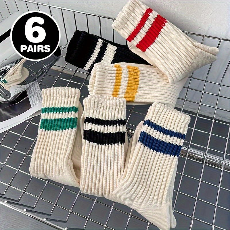 

6 Pairs Colorful Striped Socks, Sporty & Comfy Mid Tube Socks For Fall & Winter, Women's Stockings & Hosiery