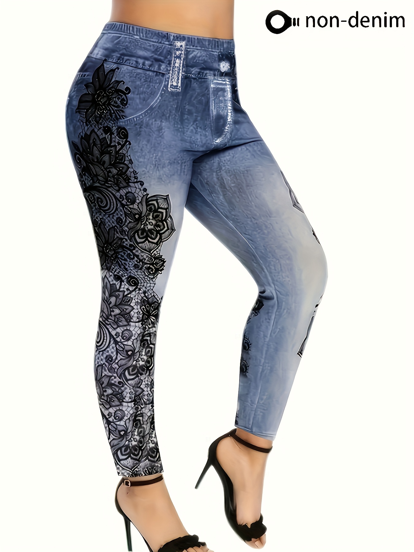 Women'S Plus Size Floral Print Stretchy Yoga Leggings with Faux Pockets - Elegant All-Season Base Layer, Stretchy Fabric, Medium Stretch, Plus Size Yoga Pants