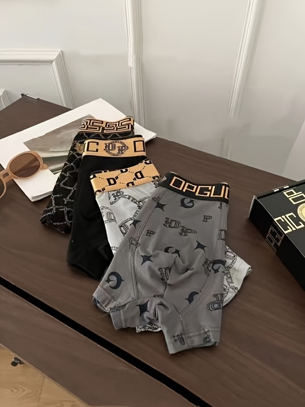 Random Color 1/3/5pcs Black and Golden Luxury Style Men's Boxer Briefs, Cotton Light Beige-Friendly Breathable Comfort Flat Front Shorts, Elastic Athletic Underwear, Casual Daily Wear