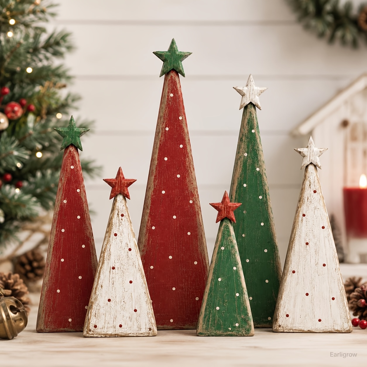 TEMU 6er-Set 2D FLAT Retro Holz Ornamente Skulptur, Weihnachts-Tischdeko Set, Landhaus Bauernhaus Herbst Tischdeko, Party Home Regal Kamin Display