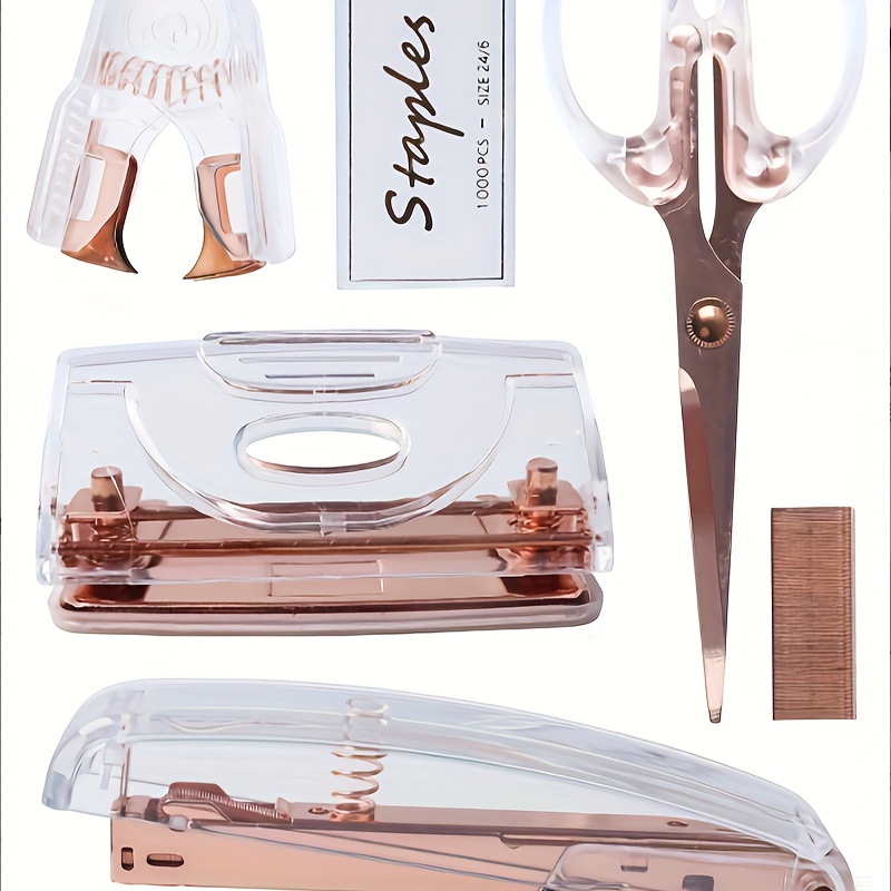 

Set, 1 Rose Golden Binding, 1 Stapler, 1 Hole Punch, 1 Pair Of Scissors, 1 Staple Remover, And 1 Box Of 1000 Staples, Back To School, School Supplies, Kawaii Stationery, Colors For School, Stationery