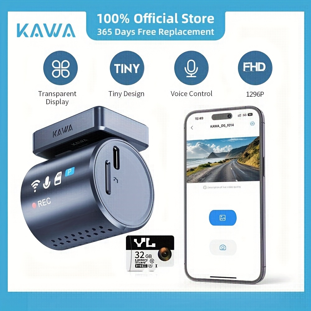 Image of Kawa Car Dash Camera - Compact Front Dash Cam With Display, Voice Activation, Night Vision, 1296p, 145° Wide Field Of View, , , Integrated Wifi, Optional Tf Card