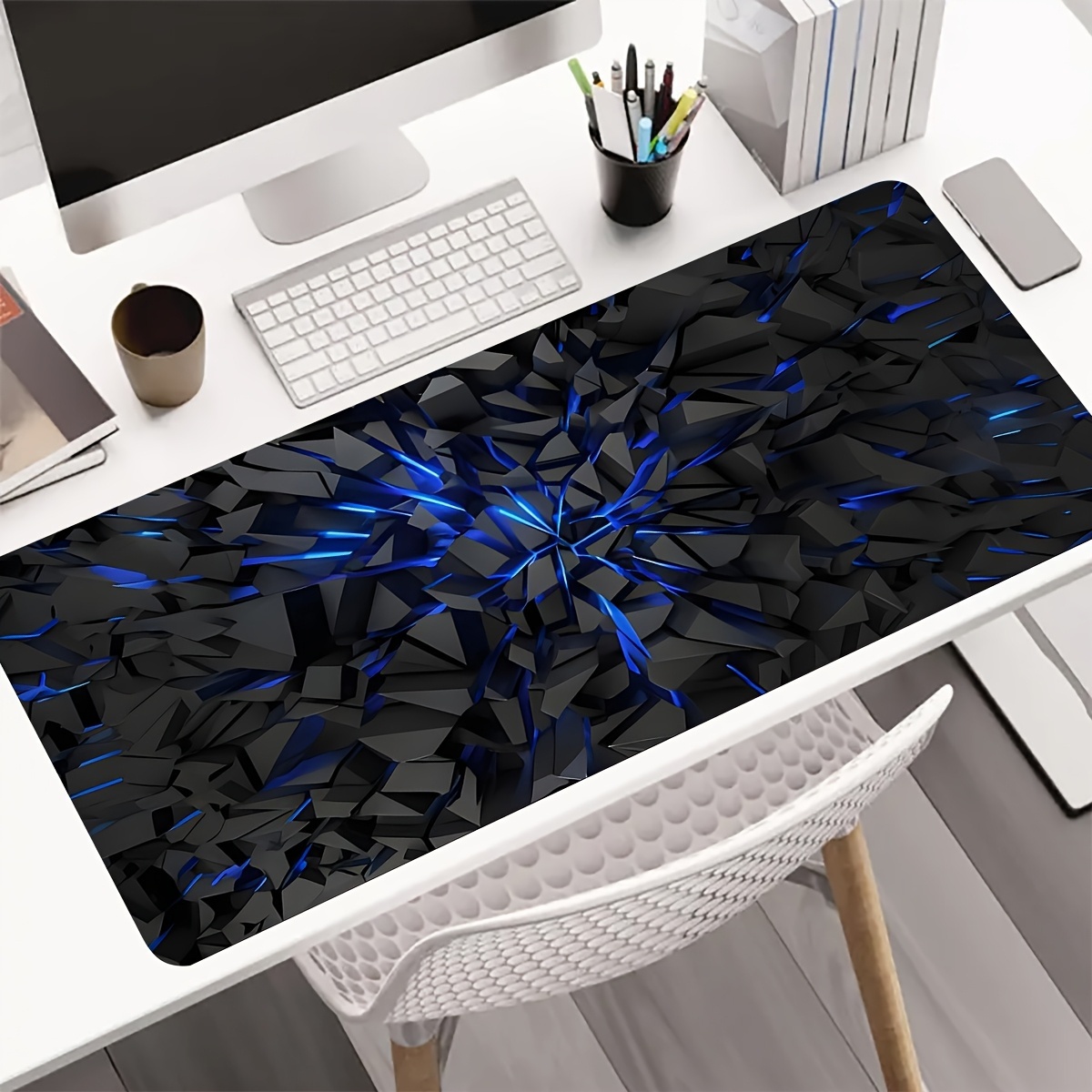 TEMU Large Futuristic Black Mouse Pad With Vibrant Lines - High-quality Rubber Base And Stitching - Durable Desk Mat, Suitable For Gaming And Office