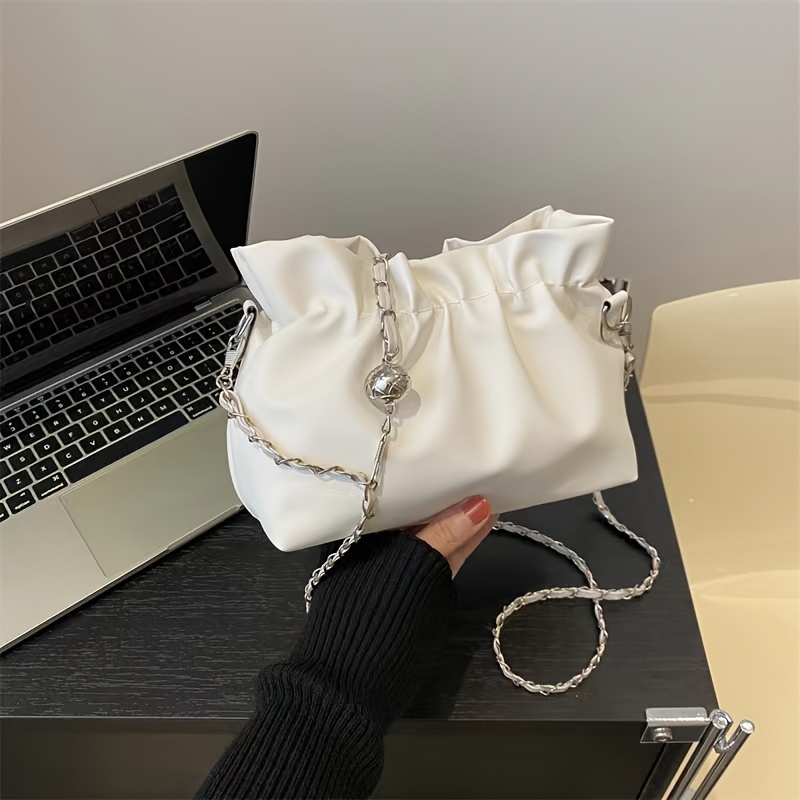 

Elegant Cloud Clutch Shoulder Bag, Women's Versatile Pu Leather Purse With Chain Strap, Chic Pleated Ruched Crossbody Bag