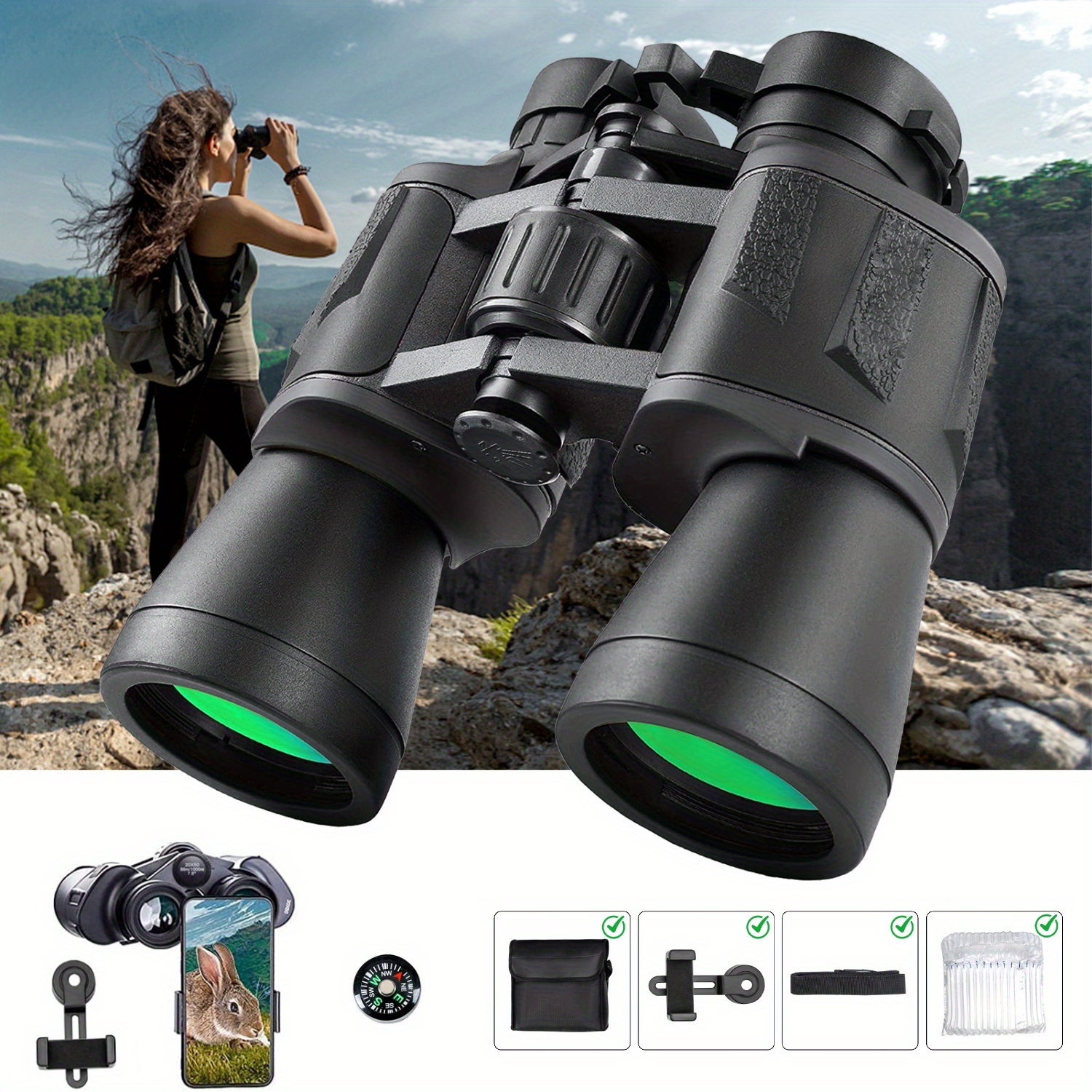 TEMU High-powered Binoculars For Adults With Phone Adapter Ideal For Bird Watching, Travel & Gifts Includes Carry Case & Strap, Binoculars For Bird