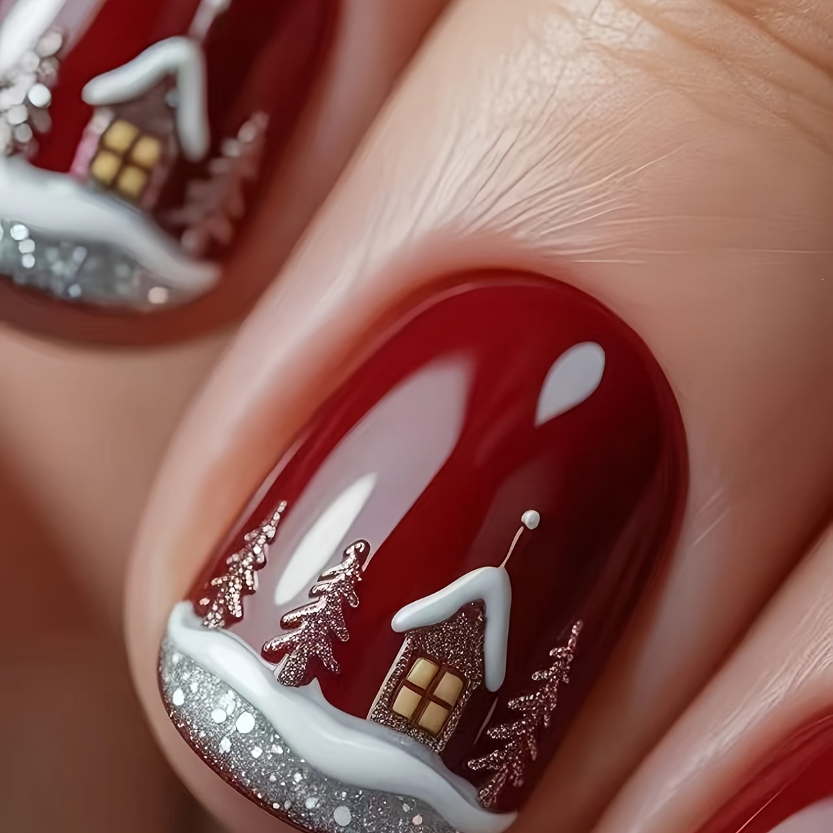 TEMU 24 uñas postizas de presión, diseño de y pino de Navidad en color borgoña, uñas cortas y redondas para un festivo de invierno, de , uñas