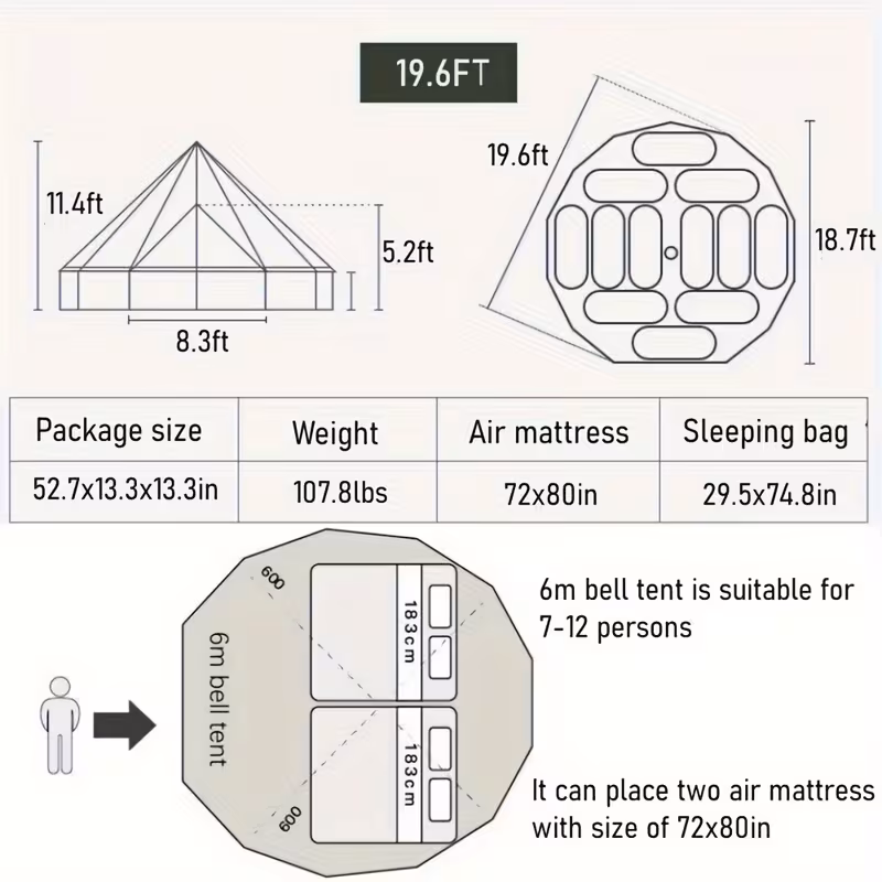 outdoor waterproof 19 6ft oxford bell tent tent with zipped in groundsheet for 8 10 Product details 0