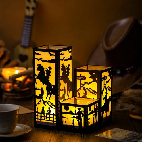 12 sets western cowboy table centerpieces 3 size wild west cowboy silhouette design durable pvc paper lantern boxes no electricity needed for rodeo themed parties birthday decorations rustic western home decor