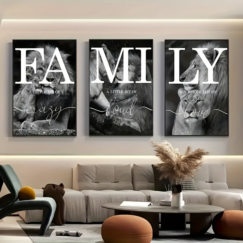 

3pcs Frameless Canvas Poster, Modern Art Deco, Black And White Lion Family Quote Home Logo Oil Painting, Bedroom Living Room Corridor, Wall Art, Wall Decor, Winter Decor, Ideal Gift For Room Decor