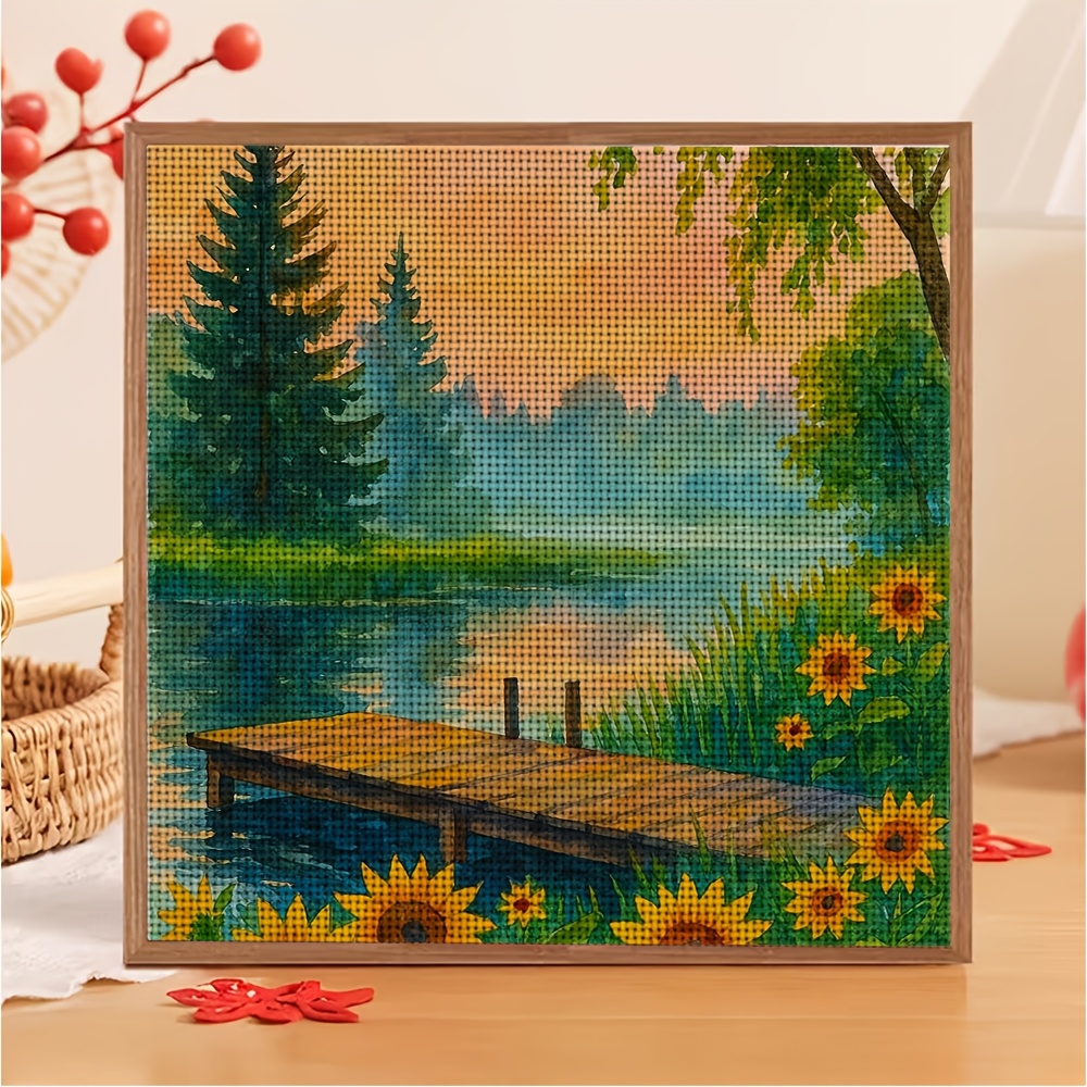 Lakeside Wooden Bridge Sunflower Pattern Cross-Stitch Kit