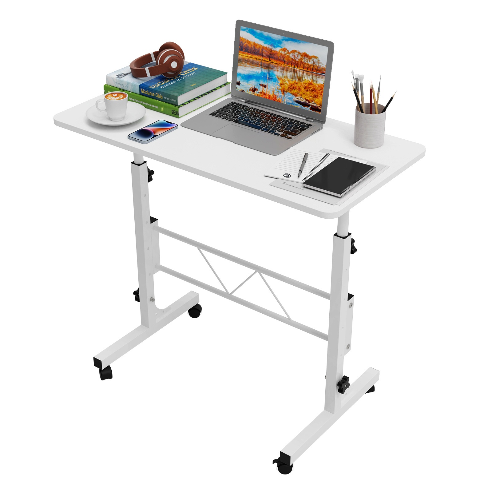 80x40cm Laptop Table With Casters, Laptop Table Height Adjustable 69-110cm, Computer Table Mobile Standing Table Bedside Table 360 Degree Rotating Table Top, Side Table For Sofa