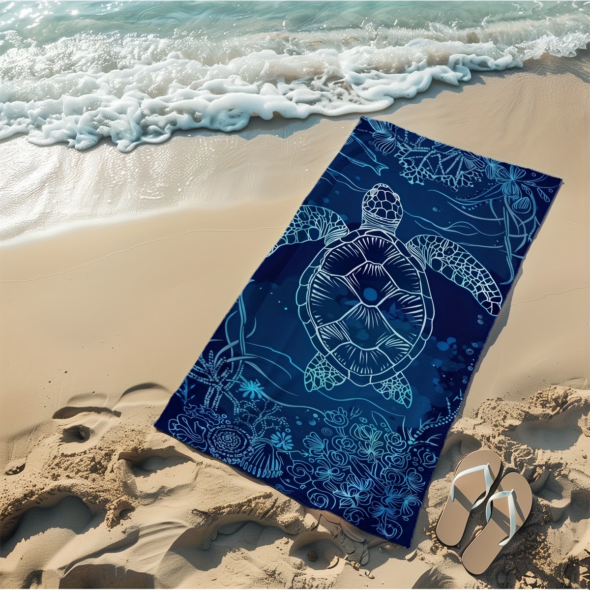 Soft Microfiber Beach Towel Sea Turtle And Coral Pattern Blue_voghion.com