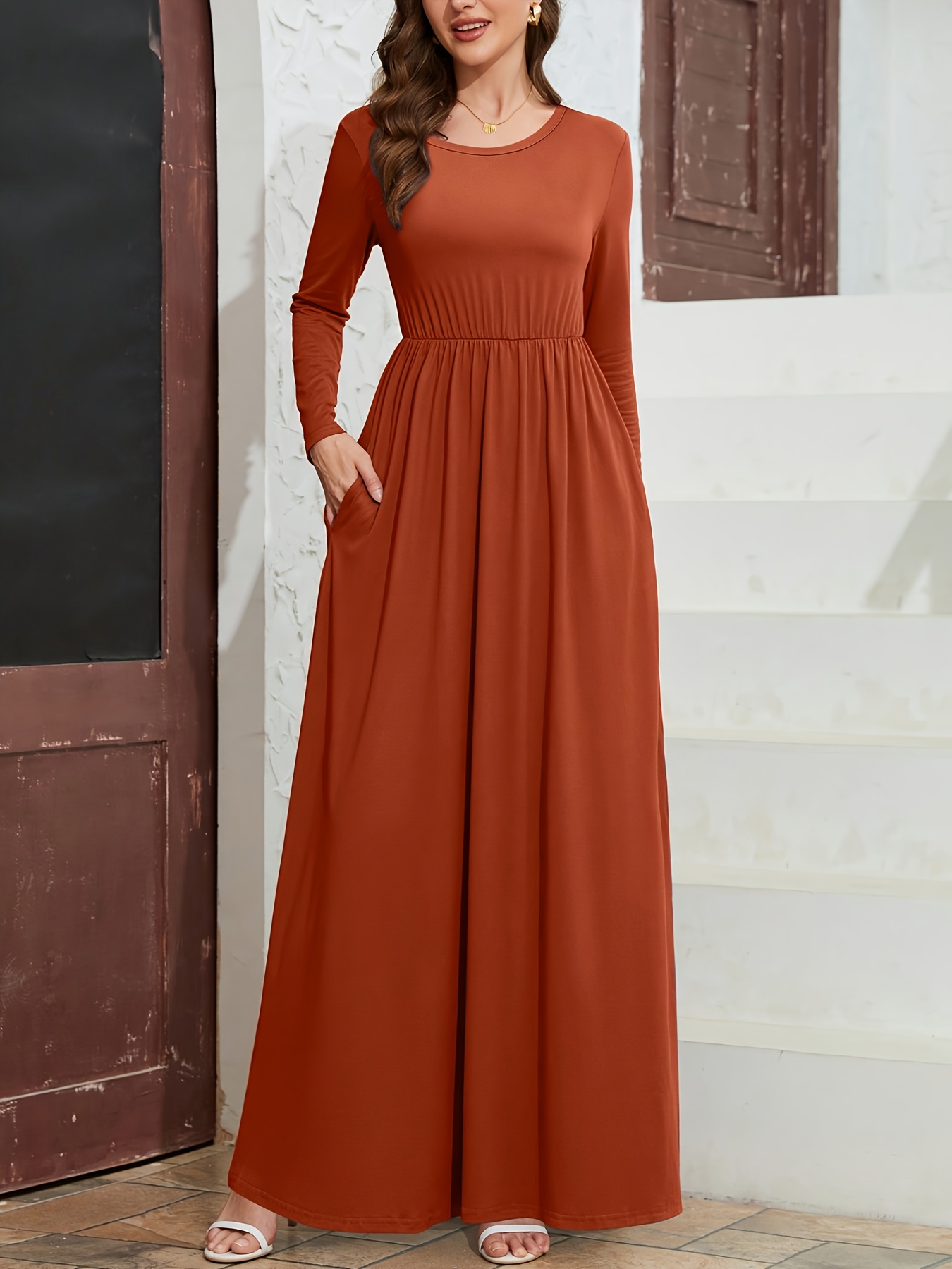 womens casual a line long sleeve dress solid color machine - Temu Spain