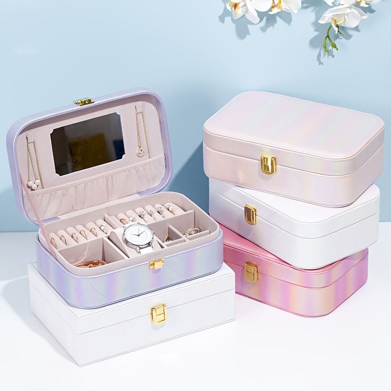 1pc holographic portable jewelry organizer box with   multiple compartments soft   leather lining   leather iridescent   secure snap closure for earrings necklaces rings watches travel friendly storage case accessory organization contemporary design Product details 5