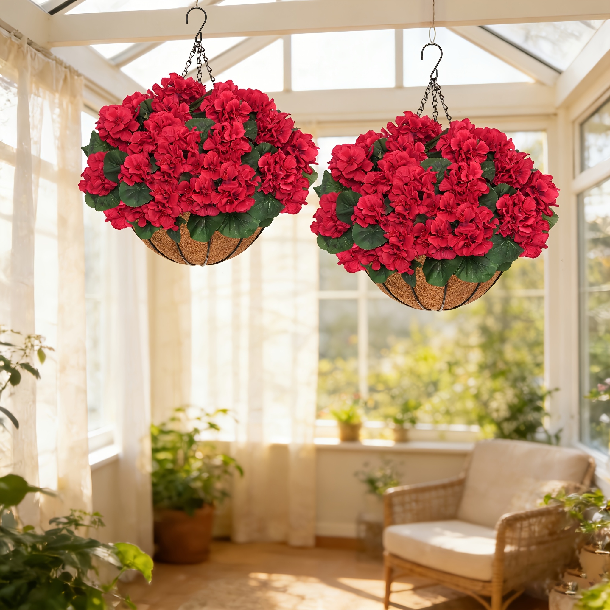 2 Sets Artificial Red Geranium Flowers with Hanging Baskets and Planters, 12pcs Each for Garden and Home Decor