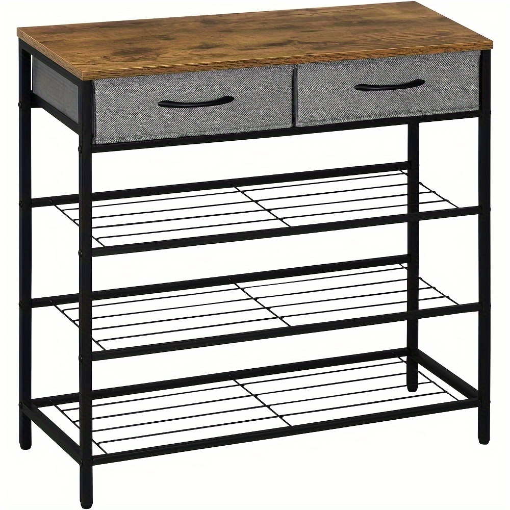 Image of 1pc Of A Four-tier Shoe Organizer, Featuring 2 Fabric Drawers, Designed To Space For Shoe Storage. Ideal For , , And Living Rooms, Constructed From Of Metal And Wood In A And Black End