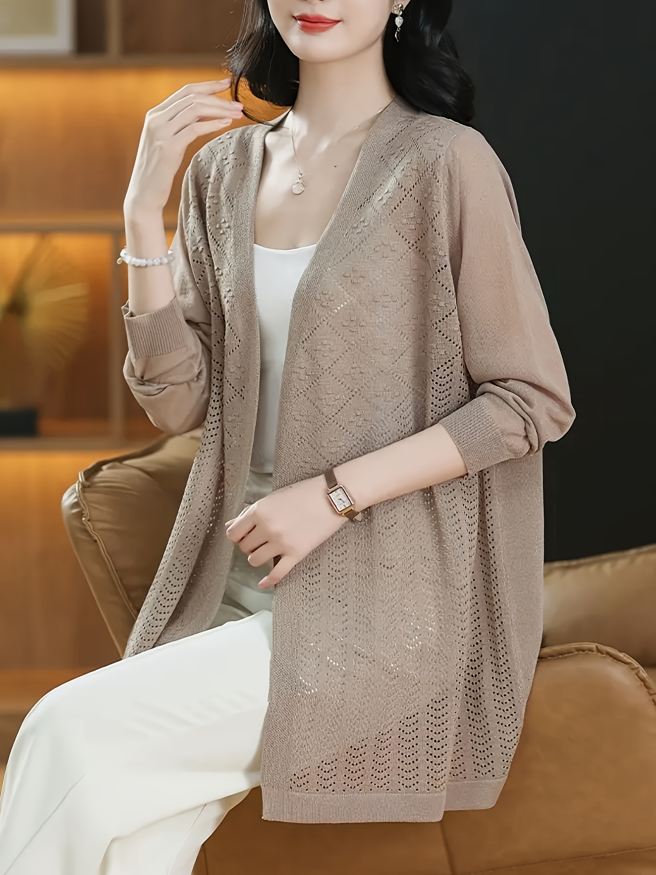 women's chic semi sheer long cardigan lightweight beige open - Main Image