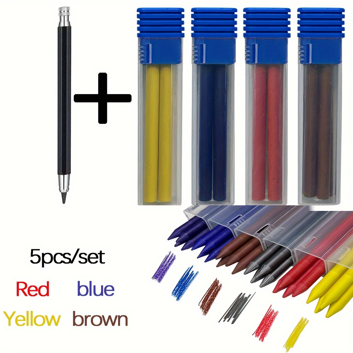 Image of 5pcs/set Metal Pen Set Colored Pencil Refill Set 5.6mm Refill Pencil Set Art Design Drawing Stationery Art Stationery(1 Pen+ Of Pencil Leads)