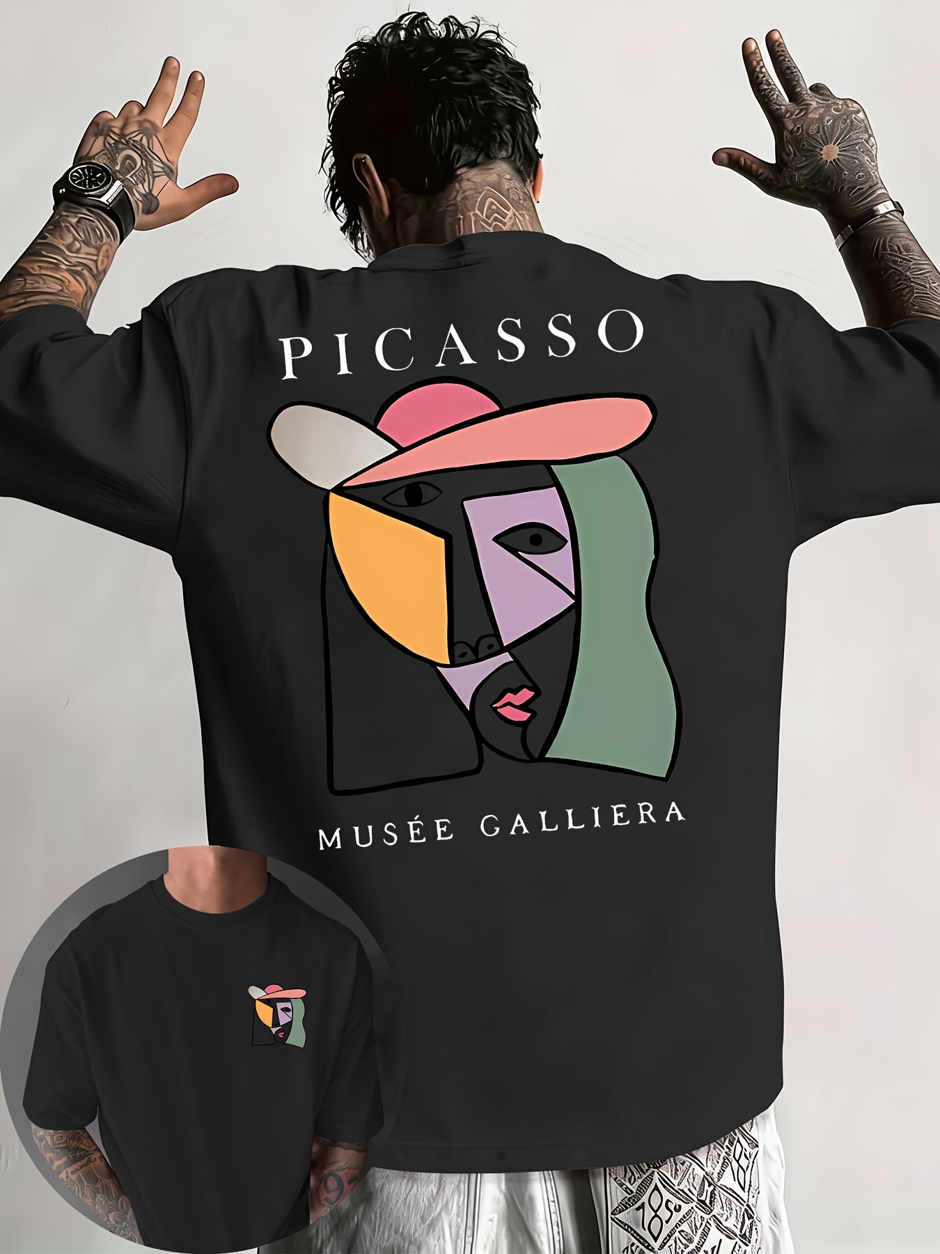 Maglietta Uomo 100% Cotone 180g Collo Tondo Stampa Cubista Picasso Geometrica Traspirante Outdoor Casual Vestibilità Regolare_viptrois.com