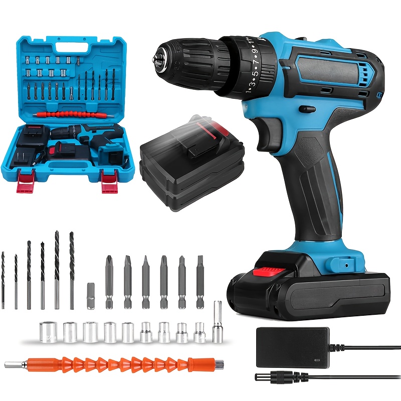 1 set 21  electric drill kit with 2 batteries multiple drill bits carrying case ideal for home   bicycle maintenance professional electrical work home   tool ergonomic grip drill durable battery holder drill set