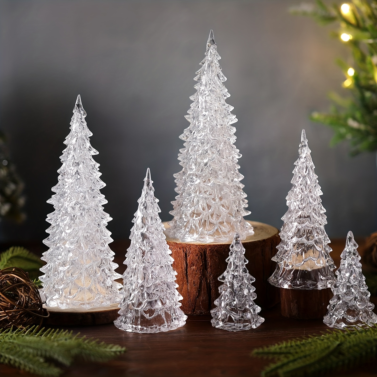 TEMU 6pcs Crystal Christmas Trees Decoration Acrylic Christmas Tree Table Decor With Hollow Base For Xmas Accessories, Miniature Tabletop Indoor