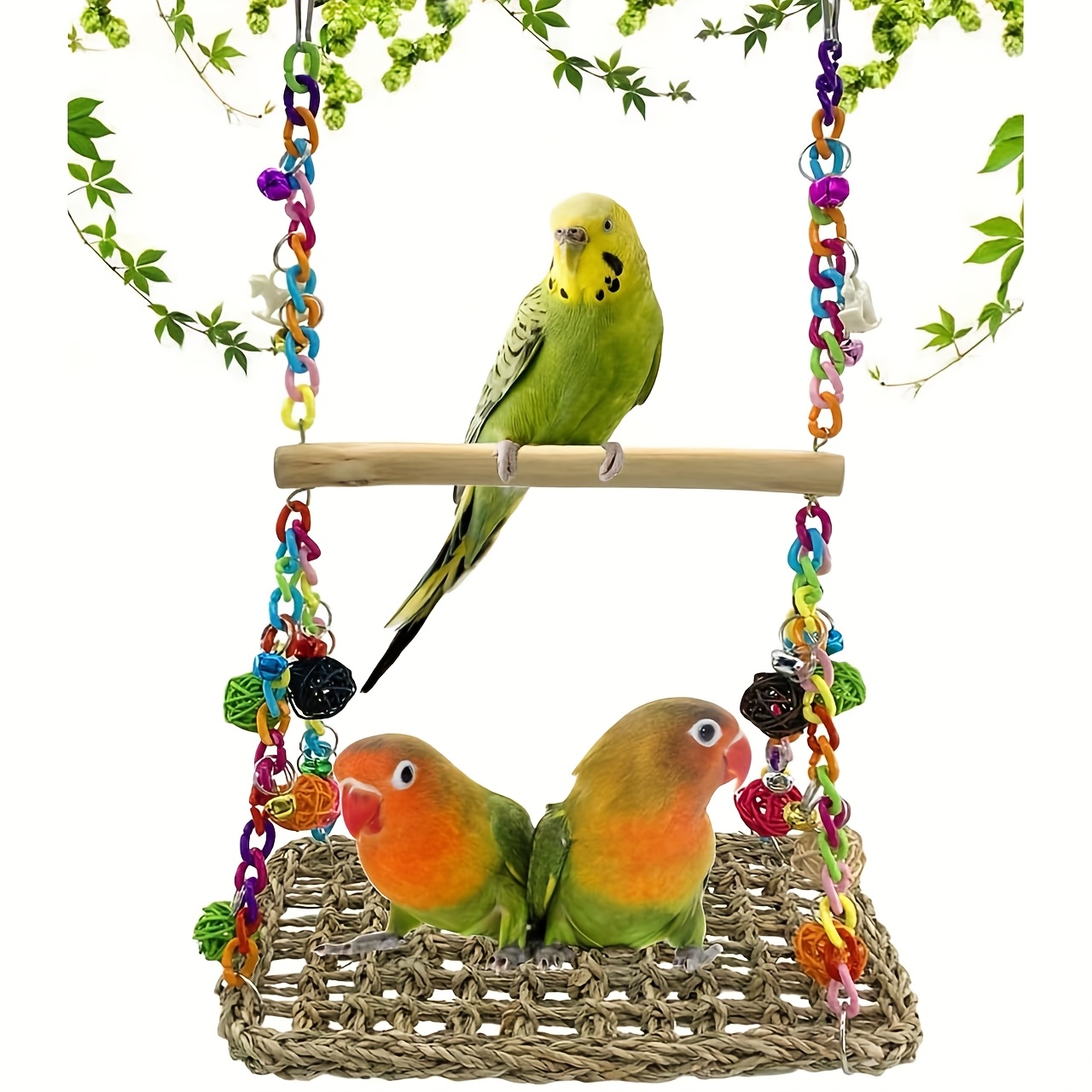 1 Parrot Acrylic Swing Stand, Rattan Ball Colorful Chain Double Layer Swing, Climbing Net Hammock, Educational Bird Supplies, Bird Cage Additions, Parrot Toys, (All Additions Are Randomly Assembled in Color)