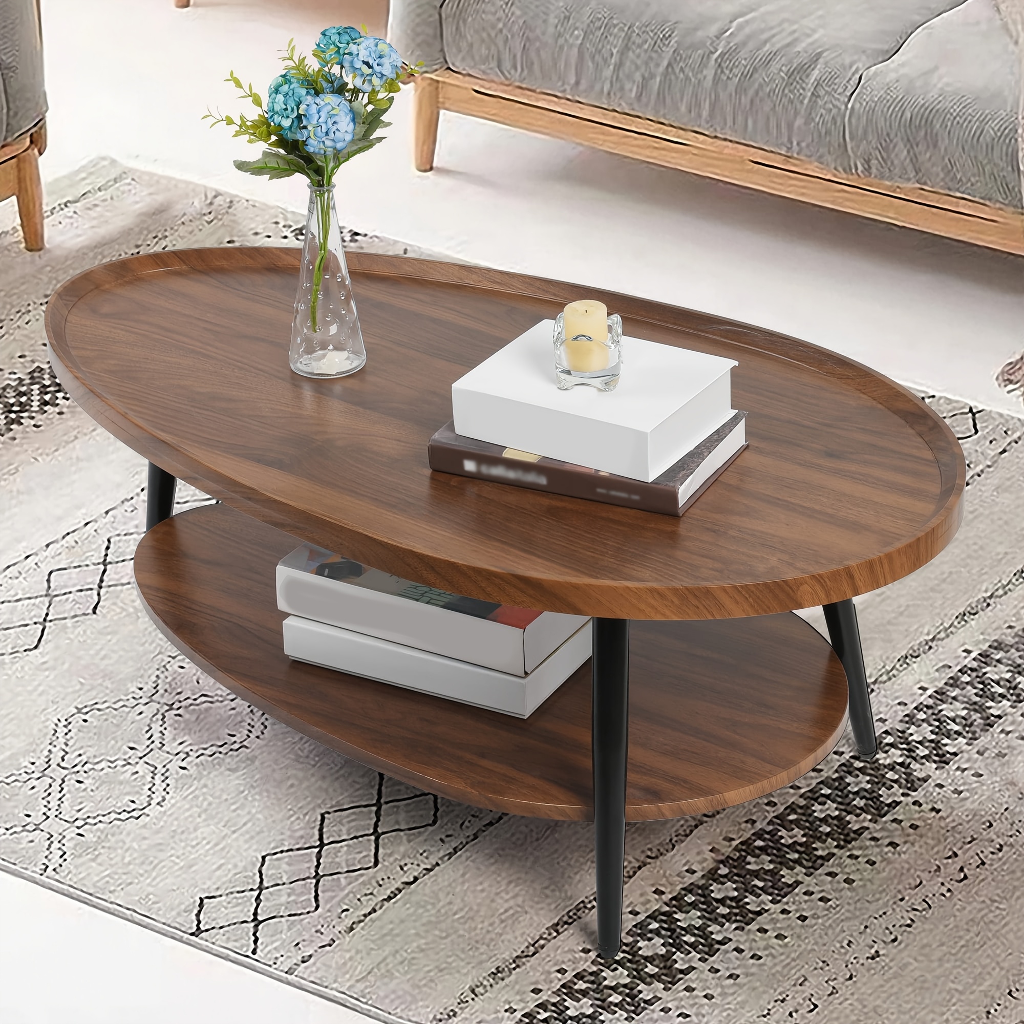 Image of Oval 2-tier Coffee Table, Wooden Living Room Table, Small Coffee Table With Legs, For Living Room, Bedroom, (brown Walnut/)