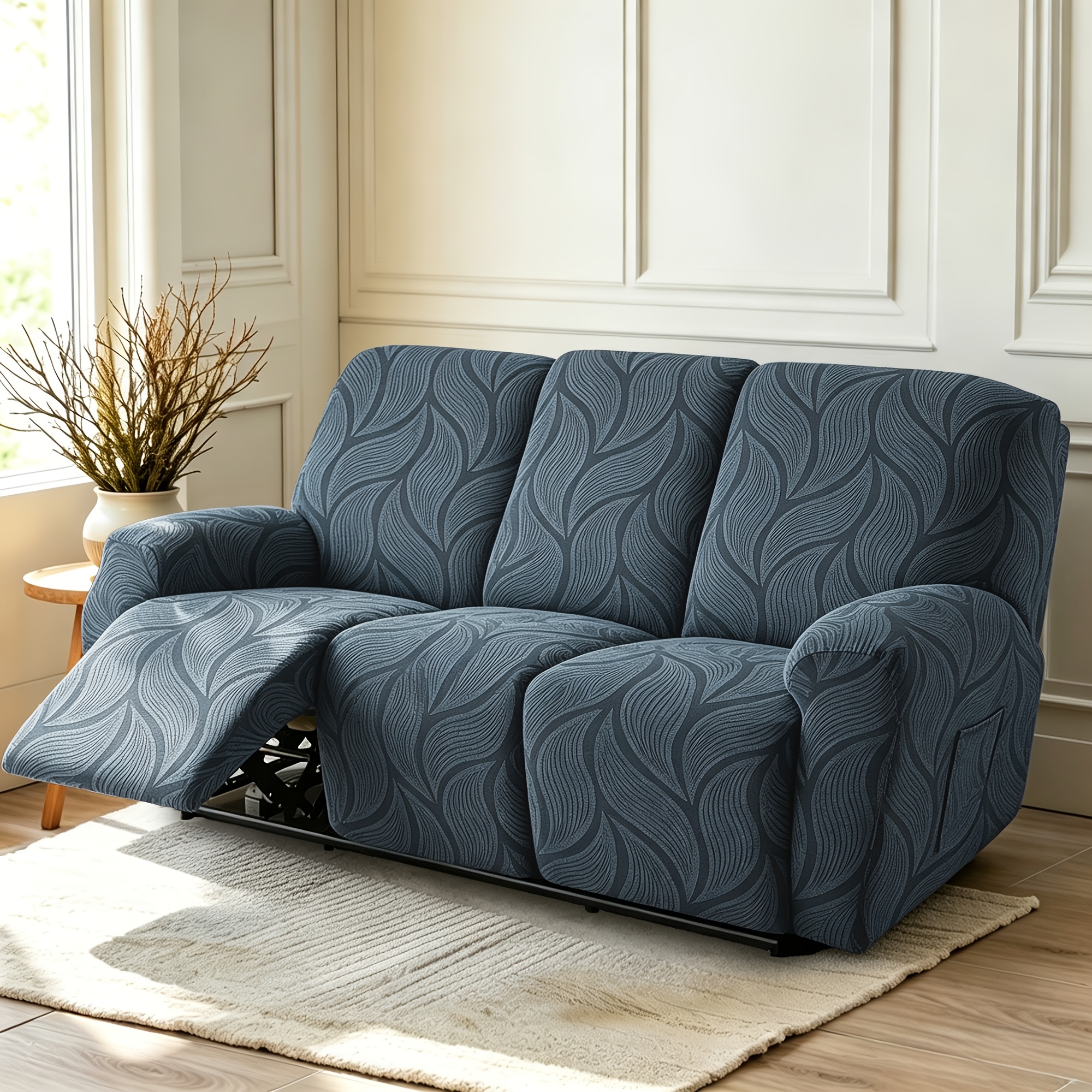 TEMU Brand Elastic Recliner Sofa Cover For 1/2/3-seater Sofas, Leaf-pattern Non-slip Chaise Lounge Cover With Side Storage Pockets, Pet-friendly