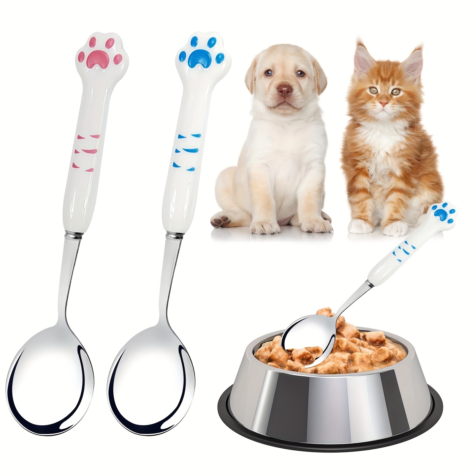 Image of 2pcs Of Long Cat Spoons, Stainless Steel Pet Spoons With Long Handles For Feeding Wet , Without Battery