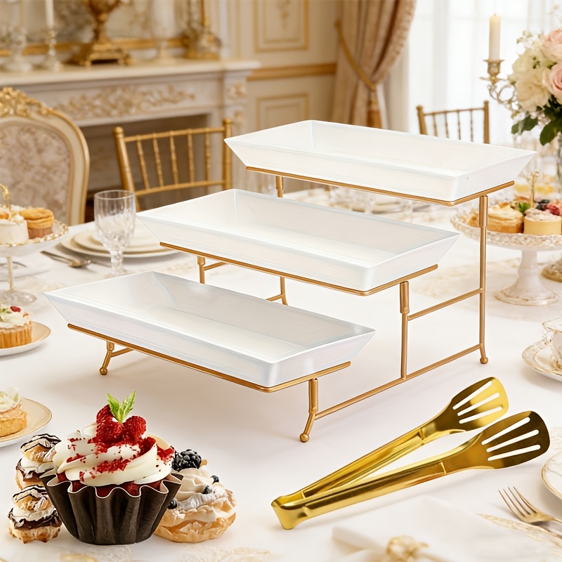 TEMU 2pcs Three-layer Foldable Plastic Cake Stand With Golden Stainless Steel Handle Set - Sturdy Dessert Display Stand For Parties, Festivals Or Snack Fruit Display