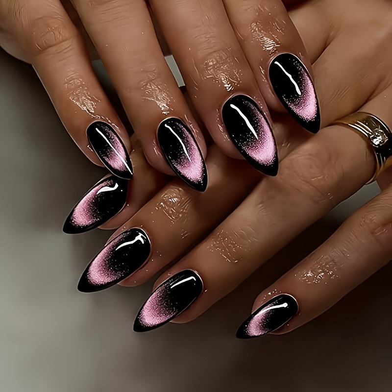 E-shop 24-tlg. Rosa Katzenauge-Press-On-Nageldesign, mandelförmige schwarze Kunstnägel mit Chrom-Glitzereffekt transparentem Nagellack, mittlerer