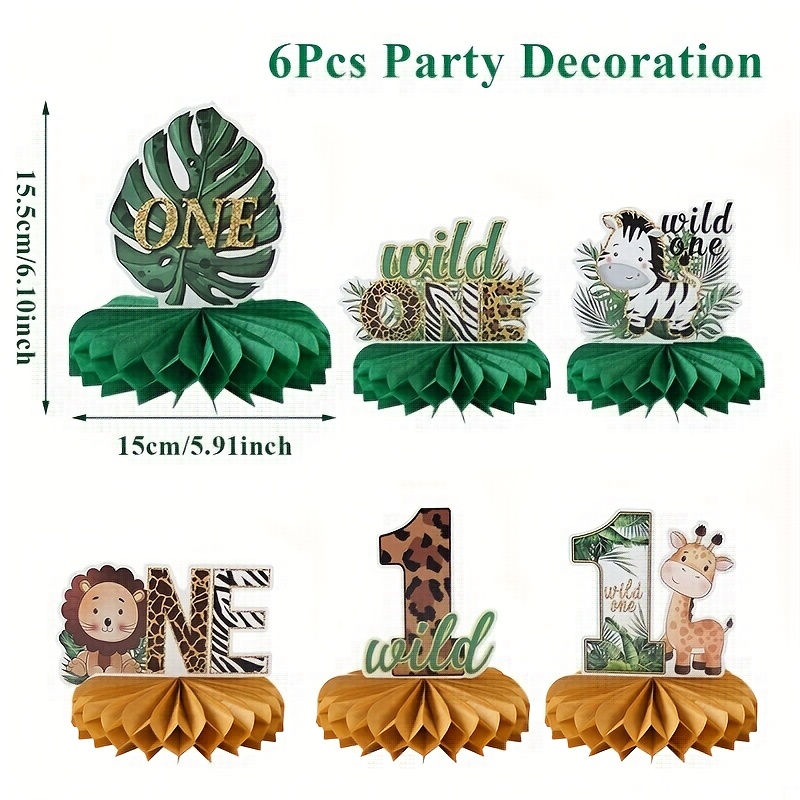 Image of 6pcs, Party Packs, Jungle Theme Wild Honeycomb Set, Zebra Lion Giraffe Green Leaves Honeycomb Set, Wild 1 1st Birthday Party Table Decor, Party Supplies, Event Party Table Decoration