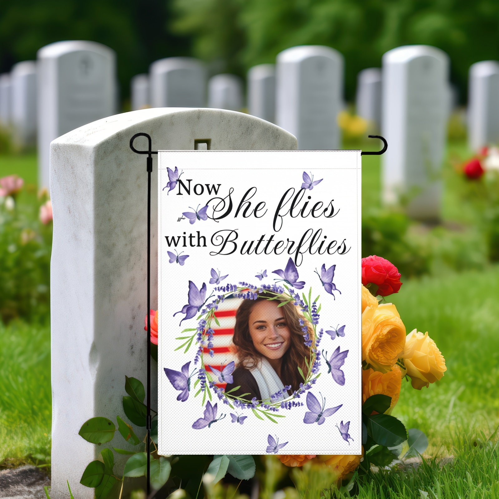 

1pc, Personalized Photo Garden Flag, Custom She With Butterflies Now Memorial Cemetery Flag, Double Sided House Banner, In Loving Memory, Forever In Our Hearts, 12x18 Inch(no Metal Brace)