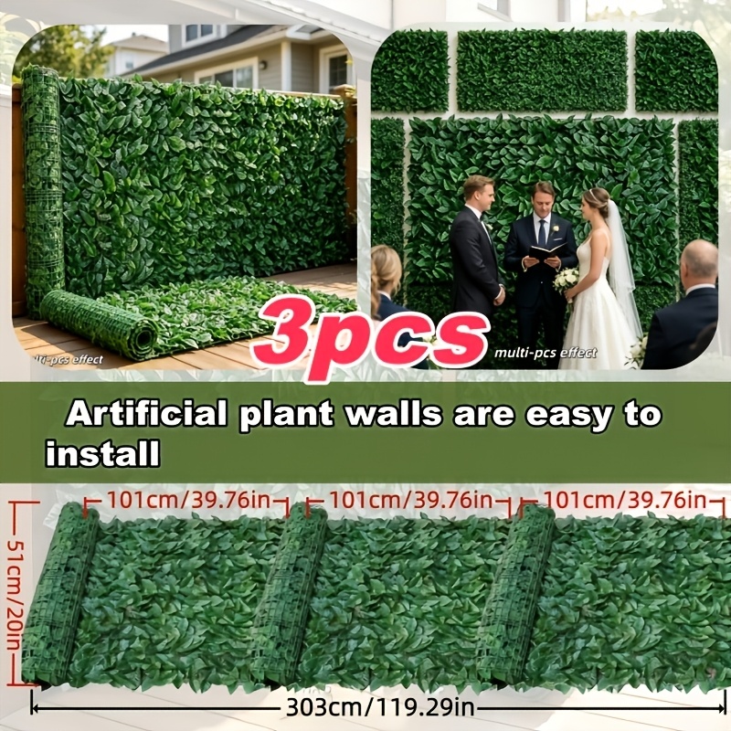 Image of Total Length 119 Inches, 3pcs Artificial Evergreen Plant Wall, Faux Greenery Panel For Fence Balcony Courtyard Background Wall Home Decor