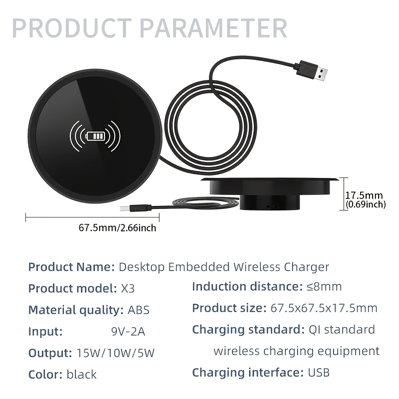 Cargador inalámbrico empotrado para escritorio, orificio universal de 60 mm, estándar QI, ideal para muebles inteligentes, oficina, KTV, mesita de noche o escritorio, compatible con todos los dispositivos con función de carga inalámbrica