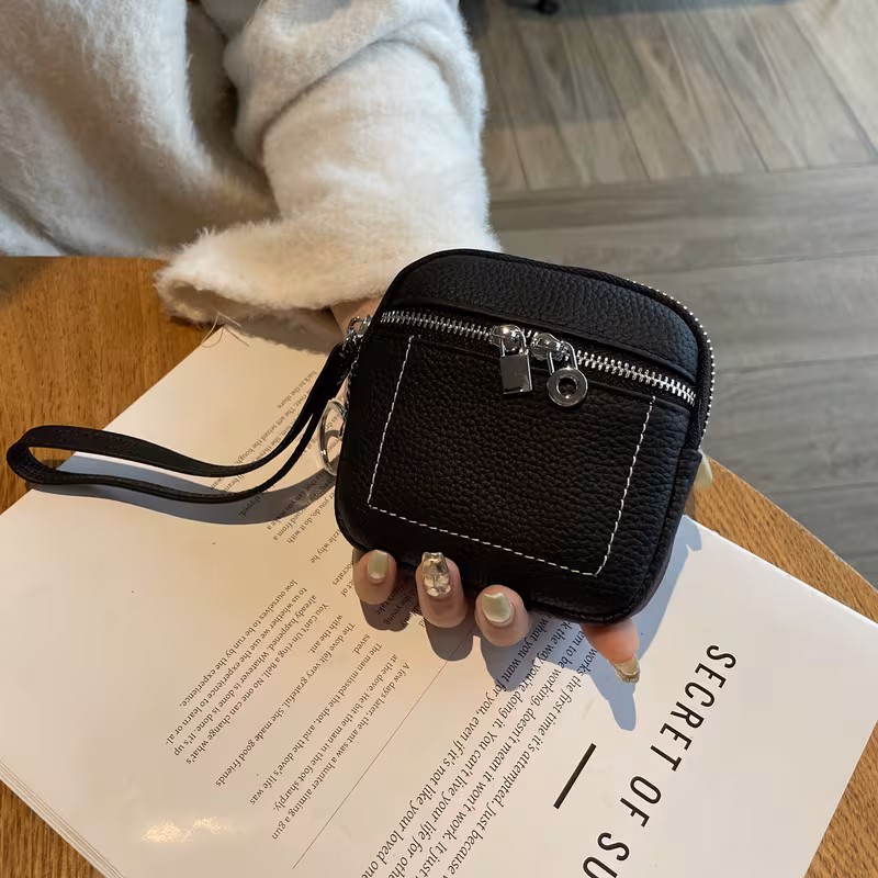 genuine genuine leather mini coin purse for women stylish holder with zipper compact lipstick organizer options trendy hand strap design key holder pouch casual carry bag durable zipper closure purse accessories black 10