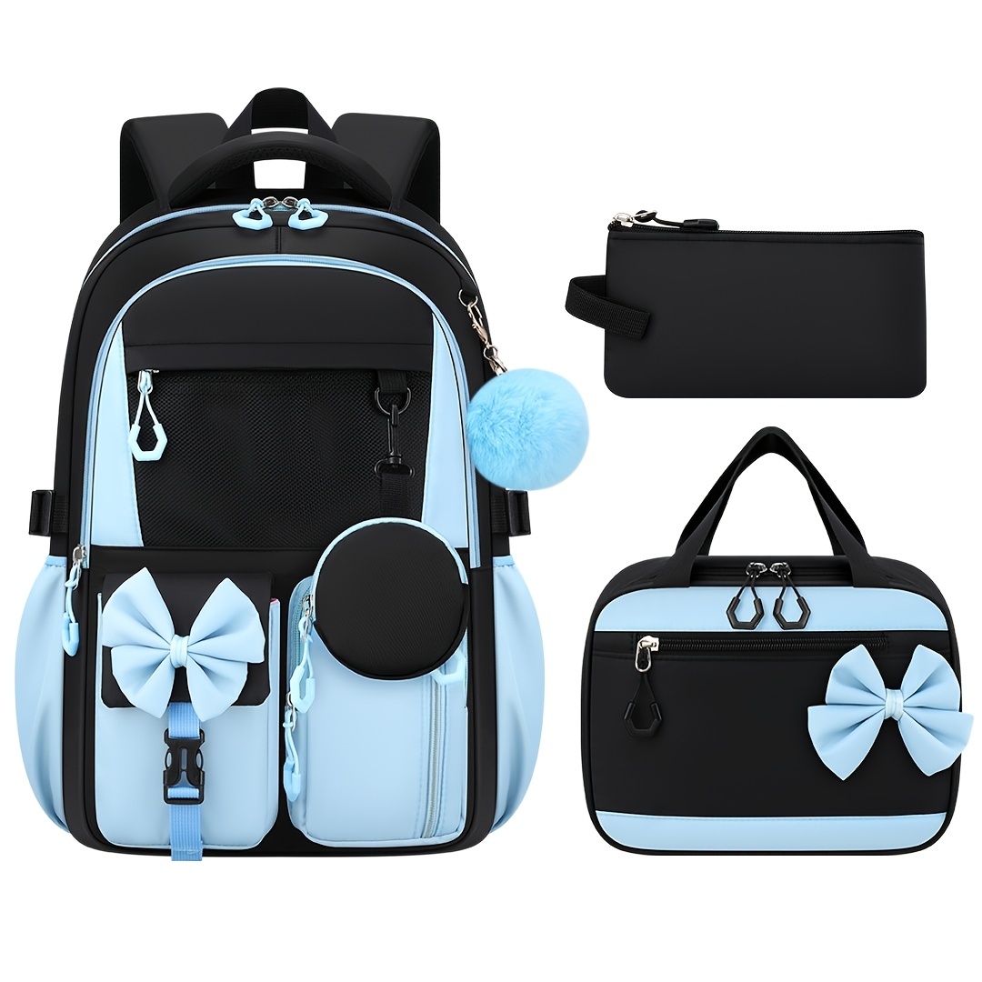 TEMU Bxboat 3pcs Bow School Bags With Handbag Storage Pouch For Teenage Girls, Large-capacity Stylish Casual Preppy Backpack With Compartments For