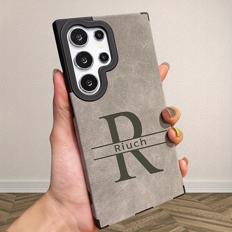 TEMU Phone Case: Personalized Luxury Engraving Name Initials Faux Leather Phone Case For For Galaxy S25 S24 S23 S22 Ultra Magnetic Protective Cover
