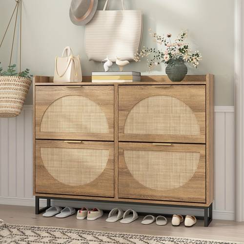 rustic oak rattan shoe storage cabinet with 4 flip drawers narrow freestanding shoe cabinet and shoe storage organizer with metal legs hidden golden handles entryway shoe rack organizer ideal for shoe racks
