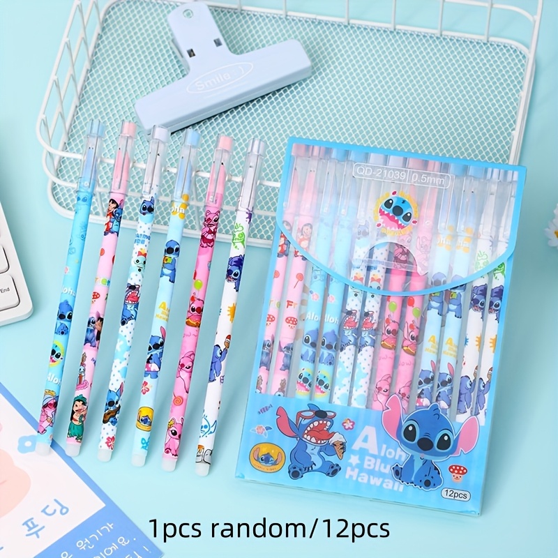 

1pc Of Random Or 12pcs Of Disney Stitch Stapled Cartoon Erasable Ink Pens, Medium Point 0.5mm, Made Of Plastic, For Students, Featuring A Unique Blue Character Design.