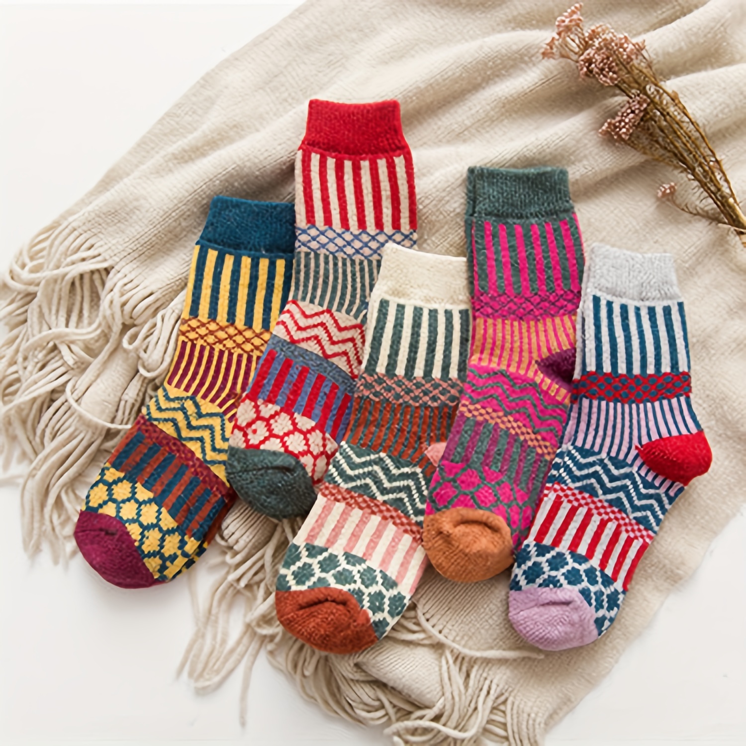 

5 Pairs Patchwork Striped Socks, Retro Mid Tube Socks For Fall & Winter, Women's Stockings & Hosiery