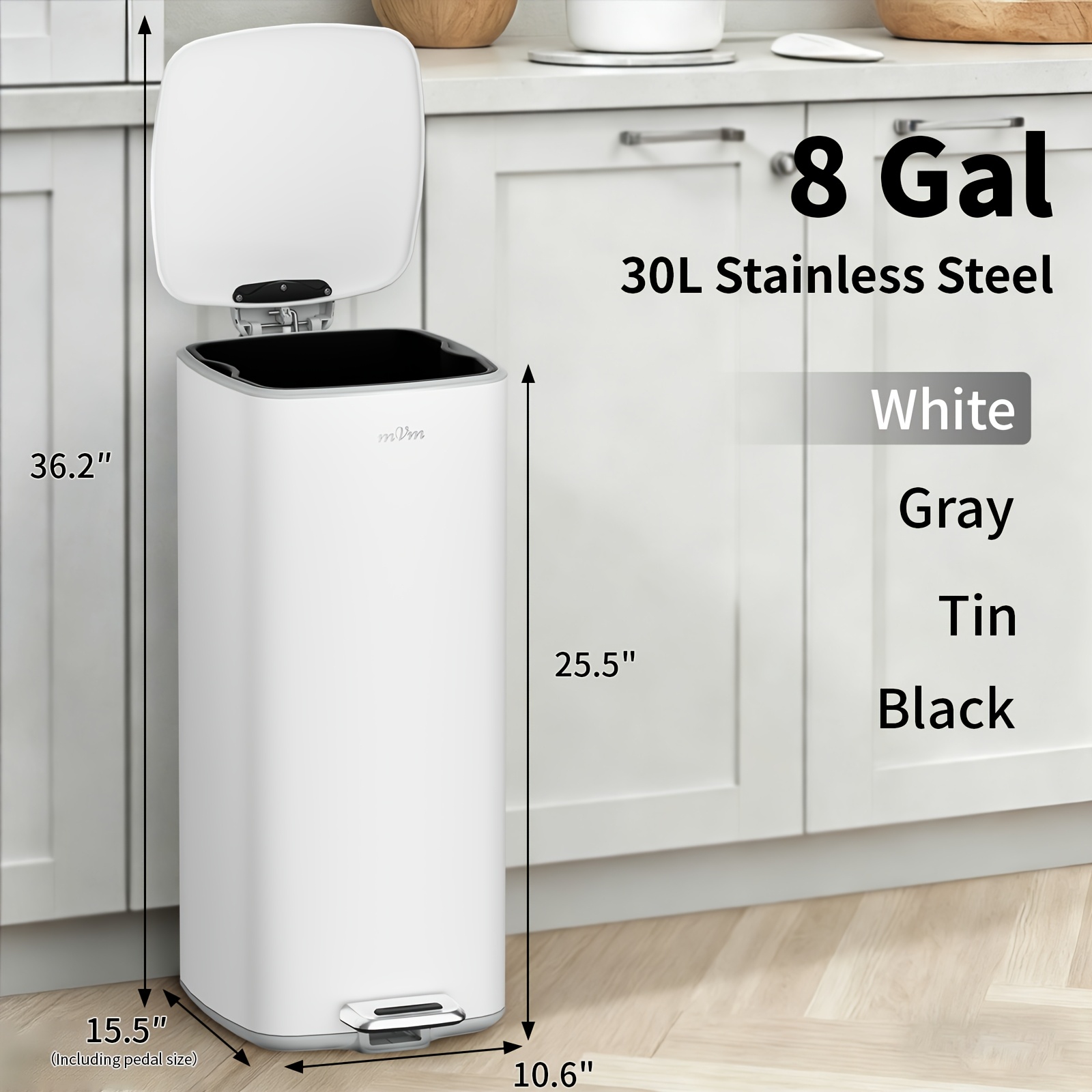 TEMU Poubelle de cuisine surélevée MVm 30L avec couvercle, corbeille à déchets carrée et lisse et