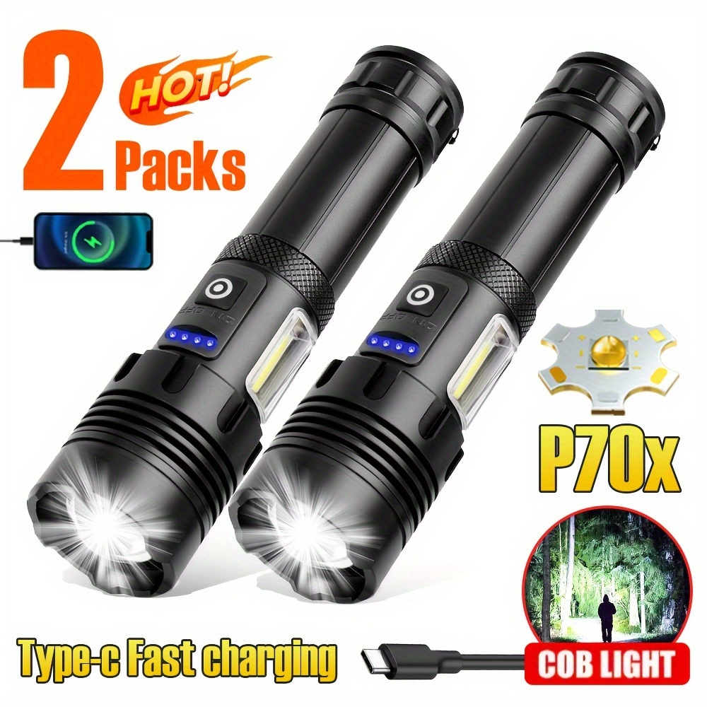 

2pcs Strong Led Long Range Flashlight Cob High Power Long Life Charging Stretch Household Outdoor Flashlight For Mobile Phone Charging With Warning Light