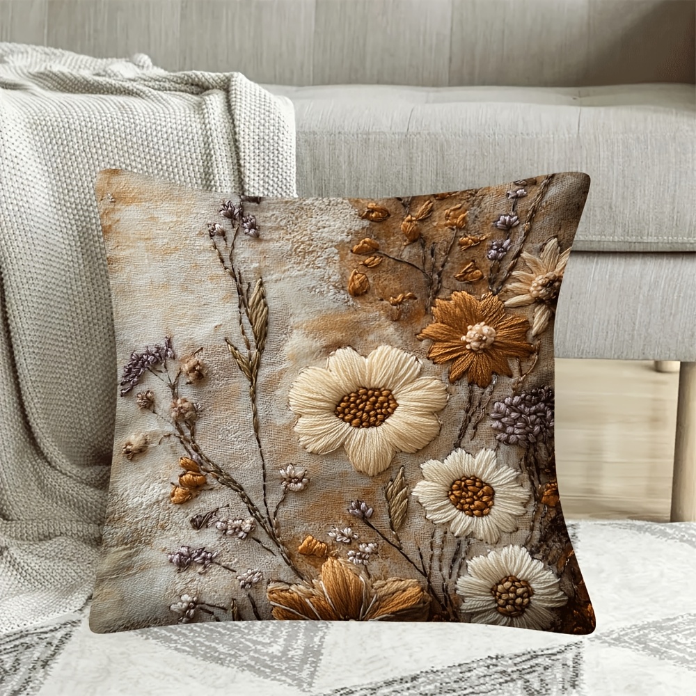 

1pc Vintage Embroidered Autumn Wildflowers Pillow Cover, Rustic Clay Short Plush, Machine Washable, Zipper Closure, Woven Polyester Decorative For Home And Office, 18x18inch