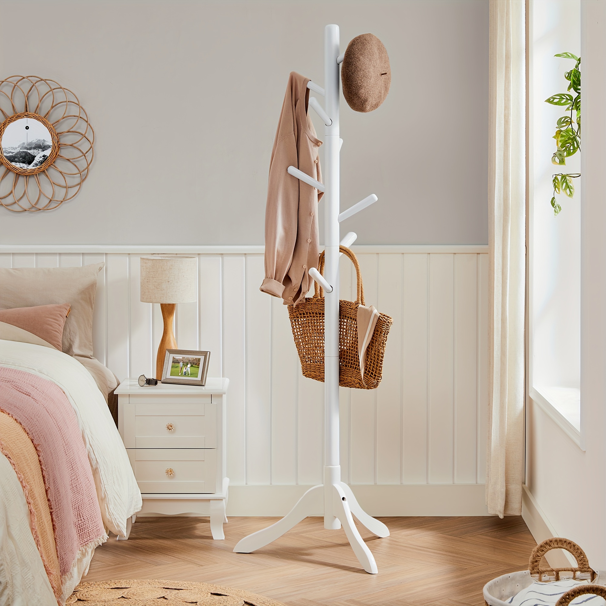 

1pc Adjustable Height Wooden Coat Rack, Tree-shaped Free Standing With 8 Hooks, 3 Size Options, For Living Room, Bedroom, Clothes, Hats, Bags