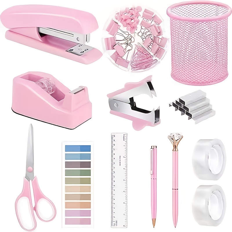 qi   xing macaron color office stationery gift box set -   stapler, scissors, tape, thumbtacks, push pins, sticky notes & more - semi-automatic, durable plastic, ideal for daily use, office supplies and accessories, office supplies and accessories | macaron color set | durable plastic box, office supplies and accessories Product details 0