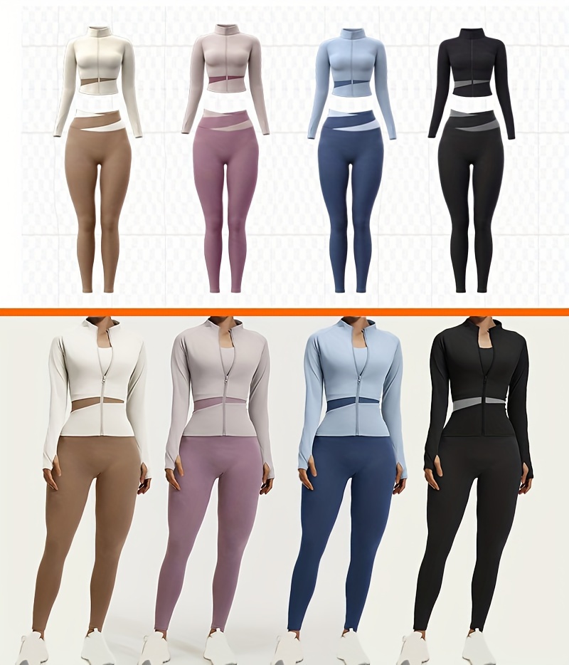 2pcs Women's Sports Set Colorblocked Fitness Set Athletic Top and High Waisted Leggings Euro Size Fit for Running, Fitness and Yoga