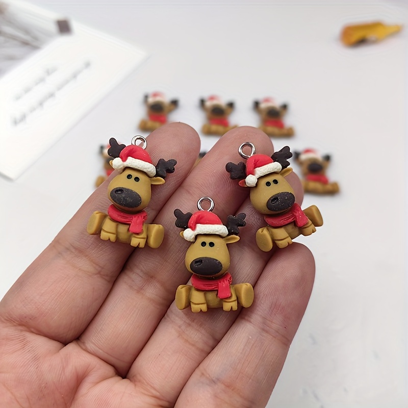 

10pcs Christmas Reindeer Charms In Santa Hats - Resin Animal Pendants For Making, Earrings, Keychains & Bracelets, Christmas Garland